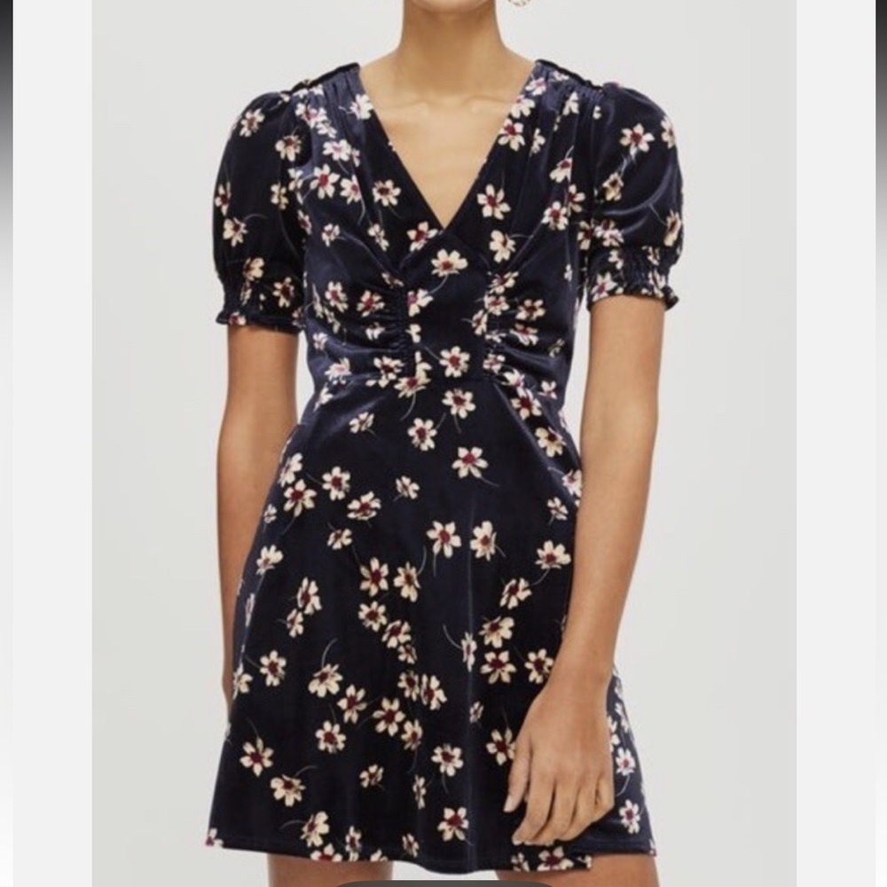 TopShop Navy Blue Floral Print Velvet Mini Dress V Neck Puff Sleeve Size 4